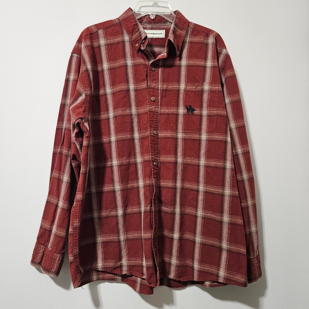Bit & Bridle Mens XL Red Plaid‎ Long Sleeve Button Down Cotton Shirt Horse